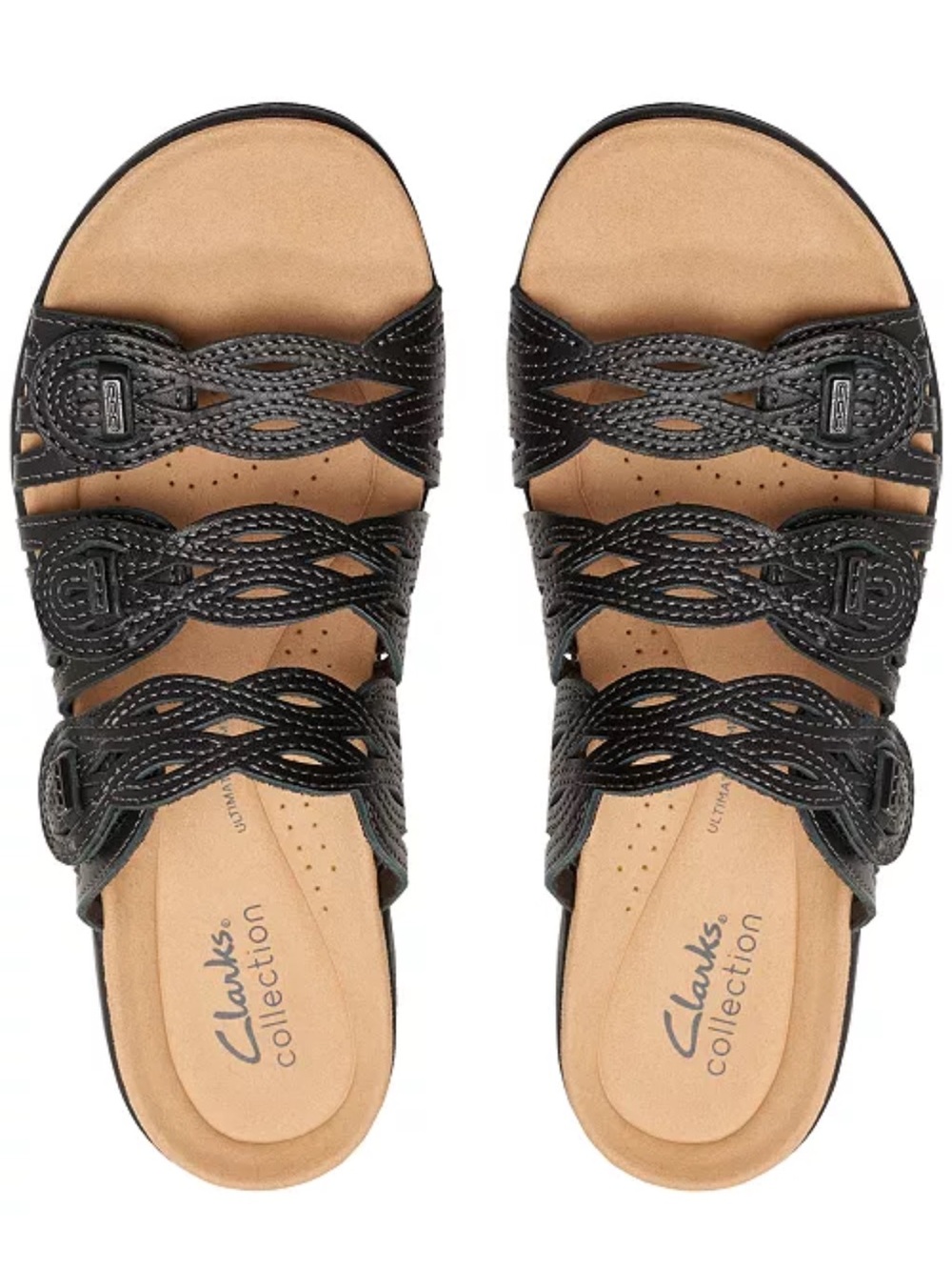 Clarks Laurieann Black Leather Woven Triple-Strap Slide Sandals Size 7 - Picture 1 of 8